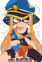Rule 34 | ..., 1girl, after vaginal, agent 3 (splatoon), black pantyhose, black tank top, blue hat, blush stickers, breasts, cloak, closed mouth, crossed arms, cum, cum in pussy, cum on clothes, cum on headwear, cumdrip, detached sleeves, half-closed eye, hat, headphones, highres, inkling, inkling girl, inkling player character, kiirono, long hair, long sleeves, looking to the side, medium breasts, nintendo, orange eyes, orange hair, pantyhose, patchwork clothes, peaked cap, sideways hat, single bare shoulder, sitting, solo, splatoon (series), splatoon 3, spoken ellipsis, sweat, tank top, tentacle hair, torn cloak, torn clothes, torn pantyhose, translation request, twintails, twitter username, uneven eyes, white background