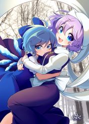 Rule 34 | 2girls, :d, ahoge, apron, back bow, bad id, bad twitter id, blue bow, blue dress, blue hair, blush, bow, cirno, closed mouth, collared shirt, commentary, dress, emoriza, feet out of frame, hair bow, hat, highres, hug, ice, ice wings, juliet sleeves, letty whiterock, long sleeves, looking at viewer, medium hair, mob cap, multiple girls, open mouth, photo background, pout, puffy sleeves, purple dress, purple hair, red ribbon, ribbon, scarf, shirt, short sleeves, signature, smile, touhou, trident ornament, turtleneck, twitter username, v-shaped eyebrows, white apron, white headwear, white scarf, white shirt, wings, winter