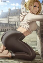 Rule 34 | 1girl, absurdres, annie leonhart, arched back, artist name, ass, bad deviantart id, bad id, barefoot, black pants, blonde hair, blue eyes, blue sky, blurry, blurry background, breasts, brick floor, building, closed mouth, cloud, cropped hoodie, day, female focus, from side, highres, hood, hood down, hoodie, huge ass, kneeling, looking at viewer, medium breasts, outdoors, pants, shexyo, shingeki no kyojin, short hair, sky, solo, striped clothes, striped pants, vertical-striped clothes, vertical-striped pants, yoga pants