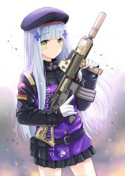 Rule 34 | 1girl, assault rifle, beret, black hat, blunt bangs, blush, breasts, commentary request, facial mark, girls&#039; frontline, gloves, green eyes, gun, h&amp;k hk416, hair ornament, hat, highres, hk416 (girls&#039; frontline), holding, holding gun, holding weapon, jacket, long hair, looking at viewer, rifle, silver hair, solo, uonuma yuu, very long hair, weapon, white gloves