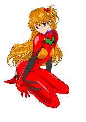 Rule 34 | 1girl, arm support, ass, bacillus, blue eyes, bodysuit, breasts, brown hair, hair ornament, highres, interface headset, kneeling, long hair, looking at viewer, neon genesis evangelion, plugsuit, red bodysuit, simple background, small breasts, solo, souryuu asuka langley, very long hair, white background, wide hips