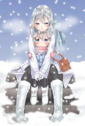 Rule 34 | 2girls, aged down, aurora e. juutilainen, black legwear, blue eyes, boots, child, eila ilmatar juutilainen, gloves, hair ribbon, highres, hug, hug from behind, multiple girls, pantyhose, ribbon, scarf, siblings, silver hair, sisters, snow, strike witches, strike witches: aurora no majo, totonii (totogoya), world witches series
