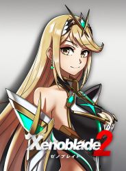 Rule 34 | 1girl, armor, bad id, bad twitter id, blonde hair, breasts, cleavage, cleavage cutout, clothing cutout, dress, gem, gloves, gold trim, headpiece, highres, inactive account, large breasts, long hair, looking at viewer, murasaki saki, mythra (xenoblade), nintendo, simple background, solo, swept bangs, thigh strap, tiara, xenoblade chronicles (series), xenoblade chronicles 2, yellow eyes