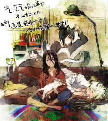 Rule 34 | 1girl, 2boys, animal ears, barefoot, black hair, blanket, book, bookshelf, cat, cat ears, cat tail, frown, indian style, inukashi, kemonomimi mode, long hair, looking at viewer, multiple boys, nezumi (no.6), no.6, pants, room, saliva, shion (no.6), shirt, short hair, shorts, sitting, sketch, sleeping, smile, sweat, tail, text focus, toi8, too many, too many cats, white hair