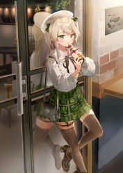 Rule 34 | 1girl, absurdres, against door, anmi, bag, beret, black thighhighs, bow, brown eyes, bubble tea, commentary request, cup, disposable cup, drinking straw, girls und panzer, green bow, green skirt, hair ornament, hat, highres, holding, long hair, long sleeves, looking at viewer, plaid, plaid skirt, ribbon, shimada arisu, shirt, shoes, skirt, solo, standing, standing on one leg, thighhighs, white shirt, zettai ryouiki