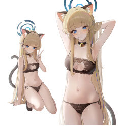 Rule 34 | 1girl, absurdres, alternate costume, animal ear fluff, animal ears, arms up, bell, black choker, blonde hair, blue archive, blue eyes, blue nails, breasts, cat cutout, cat ears, cat lingerie, cat tail, choker, cleavage cutout, clothing cutout, cropped legs, fake animal ears, full body, halo, highres, jingle bell, long hair, looking at viewer, lunia, medium breasts, meme attire, microphone, multiple views, navel, neck bell, simple background, stomach, straight hair, tail, toki (blue archive), underwear, underwear only, v, very long hair, white background