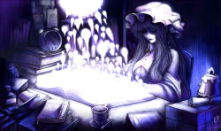 Rule 34 | 1girl, aouji, book, candle, clock, cup, female focus, frown, hat, lipstick, long hair, magic, makeup, monochrome, paintbrush, patchouli knowledge, purple theme, scroll, shaded face, sitting, solo, teacup, touhou