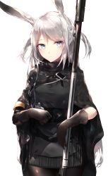 Rule 34 | 1girl, animal ears, arknights, black gloves, black jacket, black pantyhose, blue eyes, commentary request, cowboy shot, dated, gloves, hair between eyes, highres, jacket, long hair, looking at viewer, pantyhose, rabbit ears, sakusyo, savage (arknights), silver hair, simple background, solo, standing, two side up, very long hair, white background