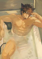 Rule 34 | 1boy, abs, absurdres, animal ears, bandaid, bandaid on cheek, bandaid on face, bara, bathing, bathtub, brown hair, cat ears, facial hair, feet out of frame, from above, goatee, highres, large pectorals, le zhang zhang, leg up, looking at viewer, male focus, muscular, muscular male, nipples, nude, original, partially submerged, pectorals, seductive smile, short hair, smile, soap bubbles, solo, stomach, thighs, wet, wet hair