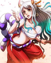 Rule 34 | 1girl, bandages, breasts, clothes, ear piercing, female focus, gradient hair, highres, holding, holding weapon, horns, long hair, looking at viewer, medium breasts, multicolored hair, one piece, partially undressed, piercing, ponytail, rakara11 (rakkarts), solo, weapon, yamato (one piece)