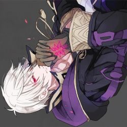Rule 34 | 1boy, cape, dark persona, evil smile, fire emblem, fire emblem awakening, fire emblem heroes, gloves, grima (fire emblem), hood, looking at viewer, male focus, nintendo, red eyes, robe, robin (fire emblem), robin (male) (fire emblem), short hair, simple background, smile, solo, white hair, yukita mofu
