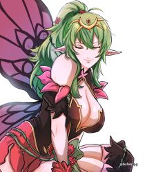 Rule 34 | 1girl, absurdres, bare shoulders, breasts, butterfly wings, cleavage cutout, clothing cutout, double-parted bangs, fire emblem, fire emblem heroes, flower, green hair, hair between eyes, highres, insect wings, large breasts, nintendo, pointy ears, ponytail, rose, sierra117renner, simple background, solo, thighhighs, tiara, tiki (adult) (fire emblem), tiki (adult) (resplendent) (fire emblem), tiki (fire emblem), twitter username, white background, wings