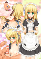 Rule 34 | 1girl, ai shite! homun, bed, blonde hair, blush, breasts, censored, clothed female nude male, detached collar, endou hiroto, green eyes, handjob, highres, legs, long hair, looking at viewer, looking down, maid, maid headdress, nipples, no bra, nude, open clothes, original, parted lips, penis, pubic hair, sequential, short sleeves, simple background, sitting, small breasts, smile, solo focus, standing, thighs, undressing