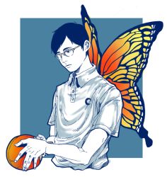 Rule 34 | 1boy, black hair, blue background, bug, butterfly, butterfly wings, buttons, celandine, crescent, emblem, glasses, insect, insect wings, male focus, monochrome, paddle, ping pong (manga), short hair, simple background, solo, spot color, standing, table tennis paddle, tsukimoto makoto, upper body, wings