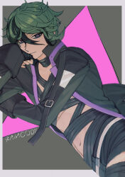 Rule 34 | 1boy, absurdres, bandaged chest, bandaged leg, bandaged neck, bandages, black coat, border, closed mouth, coat, commentary request, copyright name, daicon (kanaeaisiteruzo), dutch angle, eyeliner, green hair, grey eyes, hair between eyes, hand on own cheek, hand on own face, highres, long sleeves, looking at viewer, lying, makeup, male focus, master detective archives: rain code, multicolored hair, on side, open clothes, open coat, piercing, short hair, smile, solo, streaked hair, symbol in eye, vivia twilight, white border