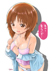 Rule 34 | 10s, 1girl, absurdres, animal print, artist name, bear panties, bear print, blue shirt, blush, bow, bow panties, breasts, brown eyes, brown hair, camisole, cleavage, clothes pull, embarrassed, front-print panties, girls und panzer, highres, lace, lace-trimmed panties, lace trim, long sleeves, looking away, medium breasts, nishizumi miho, no pants, pajamas, panties, parted lips, pink shirt, print panties, shirt, shirt pull, short hair, signature, simple background, solo, standing, sweat, takuji yuusaku, translated, underwear, upper body, wavy mouth, white background, white panties