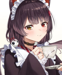 Rule 34 | 1girl, absurdres, animal ears, apron, belt collar, blush, brown hair, brown kimono, closed mouth, collar, cup, heterochromia, highres, holding, holding cup, inui toko, japanese clothes, kimono, long sleeves, looking at viewer, low twintails, maid, maid headdress, nijisanji, red eyes, simple background, smile, smug, solo, taiga (ryukyu-6102-8), teacup, tray, twintails, virtual youtuber, wa maid, white apron, white background, yellow eyes