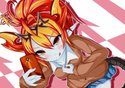 Rule 34 | 1girl, ahoge, arrow (symbol), bad id, bad pixiv id, blue skirt, blush, cellphone, collarbone, demon girl, demon horns, demon tail, from above, halo, hera-ur (p&amp;d), hera (p&amp;d), holding, horns, long hair, miniskirt, orange hair, outline, phone, pink eyes, pointy ears, ponytail, puzzle &amp; dragons, school uniform, selfie, skirt, smartphone, smile, solo, tail, tongue, tongue out, undressing, zuo wei er