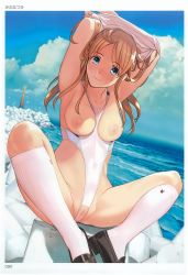 Rule 34 | 1girl, armpits, black footwear, blonde hair, blue eyes, blue sky, breasts, censored, closed mouth, cloud, cloudy sky, collarbone, covered navel, day, highleg, highleg swimsuit, highres, lips, loafers, long hair, looking at viewer, medium breasts, mibu natsuki, nipples, ocean, one-piece swimsuit, outdoors, pussy, scan, shoes, sitting, sky, socks, solo, swimsuit, toranoana, water