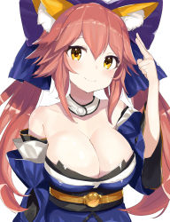 Rule 34 | 1girl, absurdres, bad id, bad pixiv id, bare shoulders, blue ribbon, blush, breasts, cleavage, cleavage cutout, clothing cutout, collarbone, cowboy shot, detached sleeves, fate/grand order, fate (series), highres, large breasts, long hair, mizuiro sanshou, obi, pink hair, ribbon, sash, smile, solo, tamamo (fate), tamamo no mae (fate/extra), twintails, upper body, wide sleeves, yellow eyes