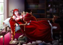 Rule 34 | 10s, 1girl, bangle, bare shoulders, belt, bookshelf, bracelet, breasts, buntaichou, chair, cleavage, corset, dagger, demon girl, detached sleeves, dress, fake horns, hairband, highres, horns, huge breasts, inkwell, jewelry, knife, long hair, maou (maoyuu), maoyuu maou yuusha, messy, pantyhose, photo (object), pillow, quill, reading, reclining, red dress, red eyes, red hair, smile, solo, weapon, white pantyhose, yuusha (maoyuu)