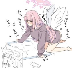 Rule 34 | 1girl, absurdres, all fours, anekawa (sisterriver), blue archive, blush, closed mouth, haniwa (statue), highres, long hair, mika (blue archive), pink hair, simple background, sketch, sleeves past wrists, solo, sweater, white background, white wings, wings, yellow eyes