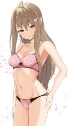 Rule 34 | 1girl, absurdres, ahoge, blush, bow, bow bra, bow panties, bra, breasts, brown eyes, brown hair, closed mouth, commentary request, cowboy shot, female focus, frown, groin, hair ornament, half-closed eyes, hand on own ass, highres, indie virtual youtuber, kusunoki shio, long hair, looking at viewer, medium breasts, navel, panties, pink bra, pink panties, pointy ears, polka dot, polka dot bra, polka dot panties, rin mokkomoko, simple background, solo, standing, underwear, underwear only, upper body, virtual youtuber, white background