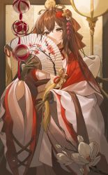 Rule 34 | 1girl, absurdres, brown eyes, brown gloves, brown hair, closed mouth, flower, gloves, hair between eyes, hair ornament, half-closed eyes, hand fan, harusame (user wawj5773), highres, holding, holding fan, huion, indoors, japanese clothes, kimono, long hair, long sleeves, looking at viewer, paper fan, sidelocks, smile, solo, very long hair, white flower, wide sleeves