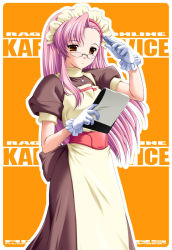 Rule 34 | 1girl, apron, asymmetrical hair, breasts, brown dress, brown eyes, clipboard, closed mouth, commentary request, copyright name, cowboy shot, dress, expressionless, glasses, gloves, holding, holding clipboard, holding pen, kafra uniform, kazuma muramasa, leilah (ragnarok online), long hair, looking at viewer, maid, maid headdress, medium breasts, orange background, pen, pince-nez, pink hair, puffy short sleeves, puffy sleeves, ragnarok online, short sleeves, solo, white apron, white gloves