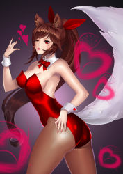 Rule 34 | 1girl, ;), absurdres, ahri (league of legends), alternate hairstyle, animal ears, armpits, ass, bare shoulders, bow, bowtie, breasts, brown hair, cleavage, covered erect nipples, cowboy shot, detached collar, facial mark, fingernails, fox ears, fox girl, fox tail, from side, hair ribbon, heart, highres, karmiel, large breasts, league of legends, leotard, long fingernails, long hair, looking at viewer, looking to the side, nail polish, nontraditional playboy bunny, one eye closed, pantyhose, parted lips, playboy bunny, rabbit girl, red bow, red bowtie, red eyes, red leotard, red nails, red ribbon, ribbon, see-through, see-through legwear, sharp fingernails, sideboob, smile, solo, tail, very long hair, whisker markings, wrist cuffs