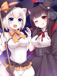 Rule 34 | 2girls, :d, ;q, animal ears, black gloves, blue eyes, blush, breasts, broom, brown hair, cat ears, cat tail, character request, chunithm, covered navel, gloves, halloween, hat, head tilt, high-waist skirt, highres, holding, holding broom, looking at viewer, maimai (game), medium breasts, mini hat, mini top hat, moon, multiple girls, neck ribbon, night, one eye closed, open mouth, outdoors, red eyes, red moon, red ribbon, ribbon, sanotsuki, short hair, skirt, skirt hold, smile, star (sky), tail, tongue, tongue out, top hat, white gloves, white hair, witch, witch hat