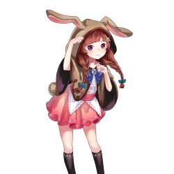 Rule 34 | 1girl, animal ears, animal hood, black socks, blue bow, blue bowtie, blush, bow, bowtie, braid, breasts, brown hair, buttons, clenched hands, cloak, closed mouth, dress, fake animal ears, fake tail, hair bow, hair ornament, hair over shoulder, hands up, hood, kneehighs, lace, lace-trimmed legwear, lace trim, leaning forward, legs apart, light smile, long hair, looking at viewer, manekohime wenzudei, miniskirt, official art, parted bangs, paw pose, pink eyes, pink skirt, pleated skirt, purple eyes, rabbit ears, rabbit hood, rabbit tail, sash, simple background, skirt, small breasts, smile, socks, solo, standing, star (symbol), star hair ornament, tail, twin braids, uchi no hime-sama ga ichiban kawaii, wednesday (uchi no hime-sama), white background