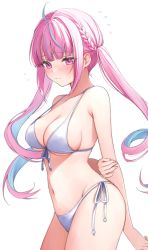Rule 34 | 1girl, ahoge, arms behind back, bare shoulders, bikini, blue hair, blush, braid, breasts, cleavage, closed mouth, commentary request, embarrassed, fingernails, front-tie bikini top, front-tie top, highleg, highleg bikini, highres, hololive, kabi akaru, long hair, medium breasts, minato aqua, multicolored hair, navel, purple eyes, purple hair, side-tie bikini bottom, simple background, solo, stomach, sweat, sweatdrop, swimsuit, thighs, twintails, two-tone hair, virtual youtuber, white background, white bikini