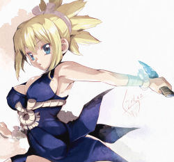 Rule 34 | 1girl, armpits, bare shoulders, blonde hair, blue dress, blue eyes, breasts, cleavage, dr. stone, dress, jet yowatari, knife, kohaku (dr. stone), looking at viewer, parted lips, pelvic curtain, simple background, sleeveless, solo, upper body, white background, wristband