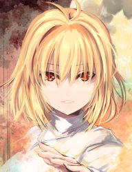 Rule 34 | 1girl, antenna hair, arcueid brunestud, blonde hair, commentary request, hair between eyes, jewelry, lips, long sleeves, looking at viewer, necklace, parted lips, pokomi, portrait, red eyes, short hair, sidelocks, solo, sweater, tsukihime, tsukihime (remake), tsurime, turtleneck, turtleneck sweater, white sweater