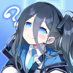 Rule 34 | 1girl, ?, aris (blue archive), bad id, bad pixiv id, black hair, blue archive, blue eyes, blue necktie, blush, closed mouth, collared shirt, hair between eyes, hairband, halo, jacket, long hair, long hair between eyes, nada haruka, necktie, ringed eyes, shirt, smile, solo, upper body, white shirt
