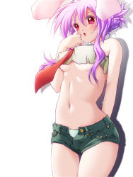 Rule 34 | 1girl, alternate hairstyle, animal ears, bare shoulders, blush, breasts, colorized, denim, denim shorts, female focus, haruyonoto, md5 mismatch, medium breasts, nakajou, navel, necktie, open clothes, open fly, open shorts, panties, purple hair, rabbit ears, red eyes, red necktie, reisen udongein inaba, short shorts, shorts, simple background, solo, touhou, unbuttoned, underboob, underwear, unzipped, white background, white panties