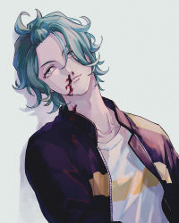 Rule 34 | 1boy, bangs pinned back, black jacket, bleeding, blood, blood on clothes, blood on face, blue hair, closed mouth, collarbone, drop shadow, from argonavis, frown, green eyes, green hair, grey background, hair over one eye, highres, himishiro, jacket, leaning to the side, long sleeves, looking away, male focus, multicolored hair, nijou kanata, nosebleed, shirt, simple background, solo, streaked hair, upper body, white shirt