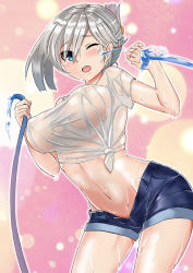 Rule 34 | 10s, 1girl, blue eyes, blush, breasts, covered erect nipples, eyebrows, folded ponytail, hamakaze (kancolle), hose, huge breasts, kantai collection, looking at viewer, midriff, navel, nipples, no bra, one eye closed, open mouth, see-through, shirt, short shorts, shorts, silver hair, sin (kami148), solo, teeth, tied shirt, unzipped, water, wet, wet clothes, white shirt, wince