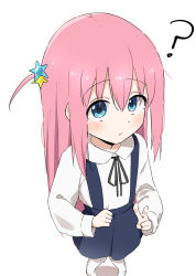 Rule 34 | 1girl, ?, aged down, black ribbon, blue eyes, blue skirt, blush, bocchi the rock!, closed mouth, collared shirt, commentary, cube hair ornament, donutman, feet out of frame, foreshortening, gotoh hitori, hair between eyes, hair ornament, highres, long hair, long sleeves, looking at viewer, neck ribbon, one side up, paid reward available, pink hair, ribbon, shirt, simple background, skirt, solo, standing, suspender skirt, suspenders, v, white background, white shirt
