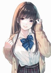 Rule 34 | 1girl, black eyes, black skirt, blazer, blue bow, blush, bow, bowtie, breast pocket, breasts, brown hair, caidychen, collared shirt, commentary, dress shirt, eyelashes, grin, hand in own hair, hand up, highres, jacket, large breasts, long hair, long sleeves, looking at viewer, open clothes, open collar, open jacket, original, pleated skirt, pocket, school uniform, see-through, see-through shirt, shirt, shirt tucked in, simple background, skirt, sleeves past wrists, smile, solo, standing, straight hair, swept bangs, symbol-only commentary, teeth, upper body, white background, white shirt, wing collar