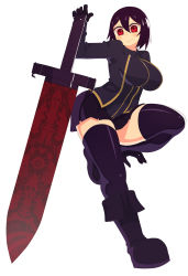 Rule 34 | 1girl, black hair, blush, boots, breasts, closed mouth, full body, gloves, hair between eyes, hand on hilt, harau, highres, huge weapon, jacket, knee boots, large breasts, looking at viewer, original, pleated skirt, purple footwear, purple jacket, purple skirt, purple thighhighs, red eyes, short hair, simple background, skirt, smile, solo, standing, standing on one leg, thighhighs, v-shaped eyebrows, weapon, white background