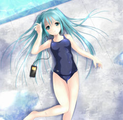 Rule 34 | 1girl, aqua eyes, aqua hair, bad id, bad pixiv id, bandaid, digital media player, earbuds, earphones, from above, h016, hatsune miku, ipod, long hair, lying, on back, one-piece swimsuit, pool, school swimsuit, solo, swimsuit, twintails, vocaloid, water