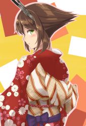Rule 34 | 10s, 1girl, alternate costume, blush, brown hair, floral print, green eyes, headgear, japanese clothes, kantai collection, kimono, lips, long sleeves, looking at viewer, looking to the side, monoku, multicolored background, mutsu (kancolle), obi, outline, pink outline, red kimono, sash, short hair, smile, solo, wide sleeves