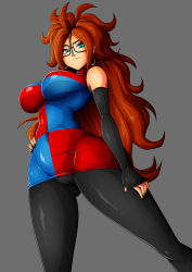 Rule 34 | 1girl, android 21, arm warmers, big hair, black-framed eyewear, black nails, black pantyhose, blue eyes, breasts, brown hair, curly hair, curvy, dragon ball, dragon ball fighterz, dress, earrings, female focus, glasses, grey background, hand on own hip, hand on thigh, jewelry, large breasts, long hair, multicolored clothes, multicolored dress, nail polish, pantyhose, thick thighs, thighs, witchking00