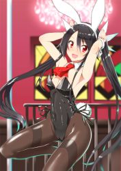 Rule 34 | :d, animal ears, armpits, bare shoulders, black hair, black leotard, black pantyhose, blush, breasts, cameltoe, cleavage, commentary request, detached collar, fake animal ears, hair between eyes, hair ribbon, indoors, leotard, long hair, looking at viewer, open mouth, ore twintail ni narimasu, pantyhose, playboy bunny, rabbit ears, rabbit pose, rabbit tail, red eyes, ribbon, small breasts, smile, solo, standing, standing on one leg, strapless, strapless leotard, swept bangs, tail, thighband pantyhose, tsube aika, twintails, very long hair, white ribbon, wrist cuffs, yuto (dialique)