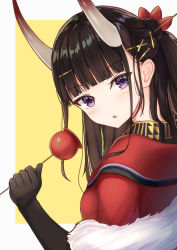 Rule 34 | 1girl, azur lane, black gloves, black hair, blunt bangs, blush, breasts, candy apple, elbow gloves, flower, food, fur trim, gloves, hair flower, hair ornament, hairclip, horns, japanese clothes, jori, kimono, long hair, looking at viewer, medium breasts, new year, noshiro (azur lane), noshiro (uncharted festival grounds?) (azur lane), oni horns, parted lips, purple eyes, red kimono, simple background, solo, upper body, yellow background