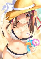 Rule 34 | 1girl, ;), bare arms, bare shoulders, beach, bendy straw, bikini, blush, bow, breasts, brown eyes, brown hair, brown hat, cleavage, closed mouth, collarbone, commentary request, cup, day, drinking straw, flower, frilled bikini, frills, gennosuke, hair ribbon, hat, hat bow, heart, heart necklace, holding, holding cup, ice, ice cube, idolmaster, idolmaster cinderella girls, jewelry, large breasts, long hair, navel, necklace, one eye closed, pink flower, polka dot, polka dot bikini, red ribbon, ribbon, sand, smile, solo, sun hat, swimsuit, totoki airi, tropical drink, twintails, water, white bikini, white bow