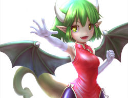 Rule 34 | :d, brown eyes, clenched hand, draco centauros, dragon girl, dragon tail, dragon wings, elbow gloves, fangs, gloves, green hair, horns, looking at viewer, open mouth, outstretched hand, pointy ears, puyopuyo, short hair, smile, solo, standing, tail, white background, white gloves, wings, yanzikatu