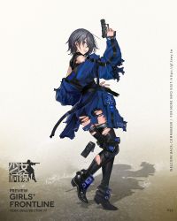Rule 34 | 1girl, ankle guards, baggy clothes, black thighhighs, blue coat, blue eyes, boots, breasts, character name, clothing cutout, coat, corset, damaged, earrings, from side, full body, girls&#039; frontline, grey hair, grin, gun, hair between eyes, handgun, highres, holding, holding gun, holding weapon, infukun, jewelry, long sleeves, looking at viewer, magazine (weapon), official art, p22 (girls&#039; frontline), parted lips, short hair, shoulder cutout, sidelocks, skindentation, sleeves past wrists, smile, solo, standing, standing on one leg, strap, stud earrings, thigh boots, thighhighs, torn clothes, trigger discipline, turtleneck, walther p22, watermark, weapon, zipper